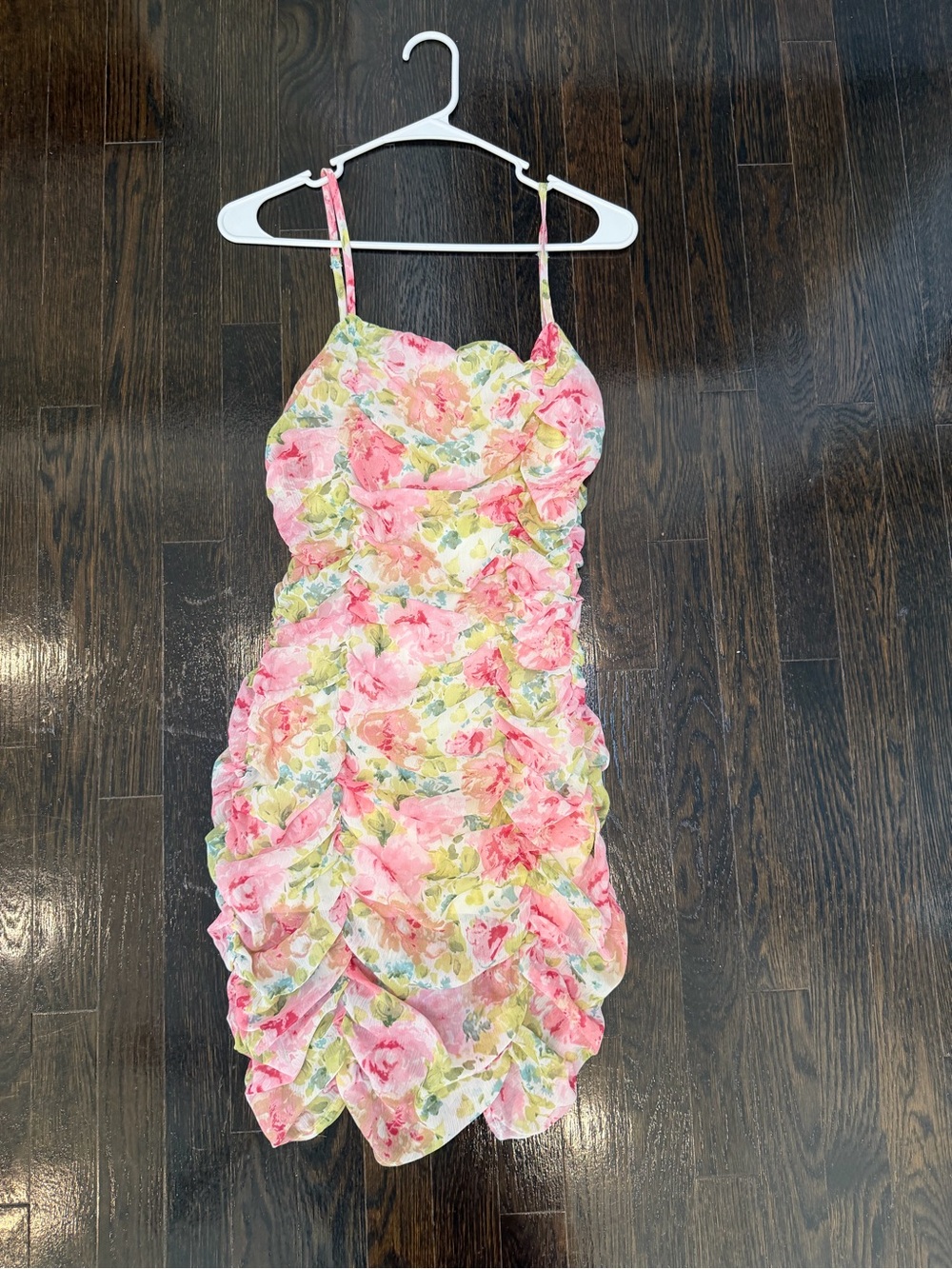 New Floral Pink Ruffled Spaghetti-Strap Dress
